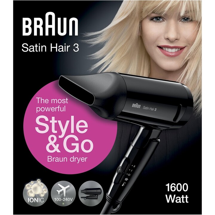 Braun Satin Hair 3 HD350 Style & Go Sèche-cheveux 1600 W, noir