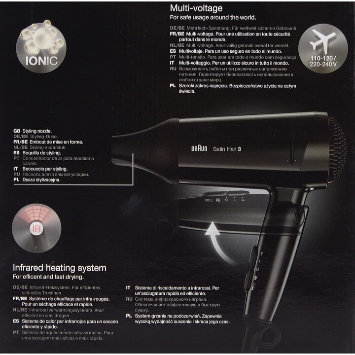 Braun Satin Hair 3 HD350 Style & Go Haartrockner 1600 W, Schwarz
