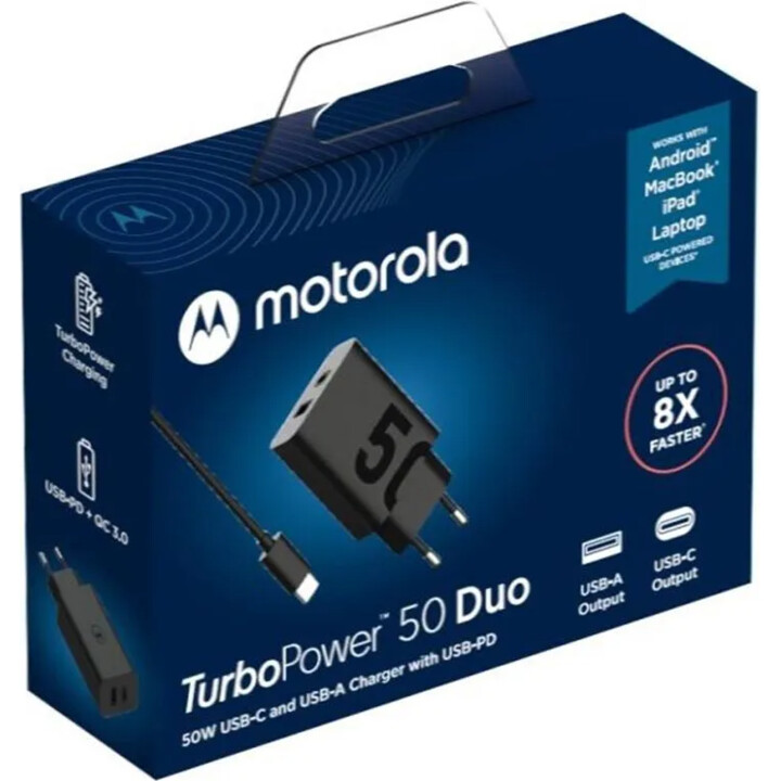 Caricabatterie Motorola TurboPower 50W Duo USB-C + USB-A con cavo USB-C Nero