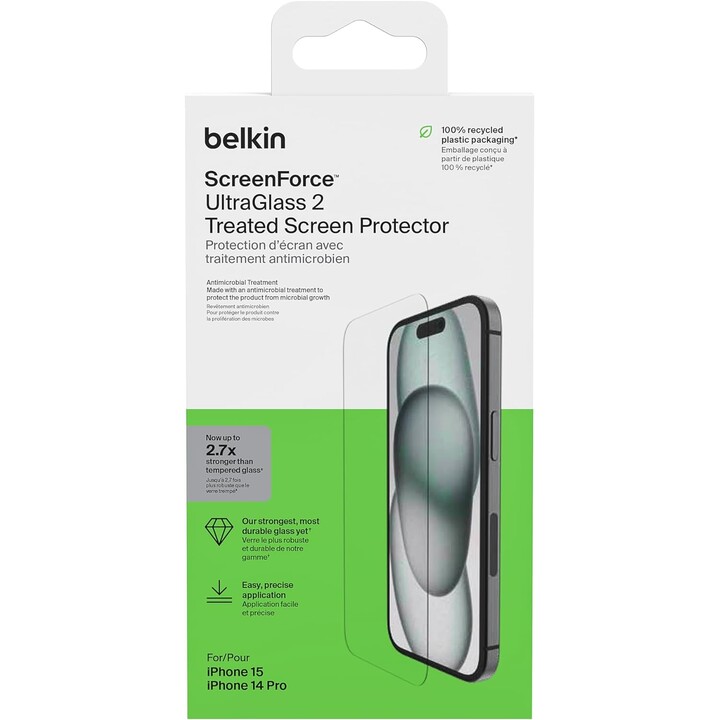 Belkin ScreenForce UltraGlass 2 antimicrobial screen protector for iPhone 15