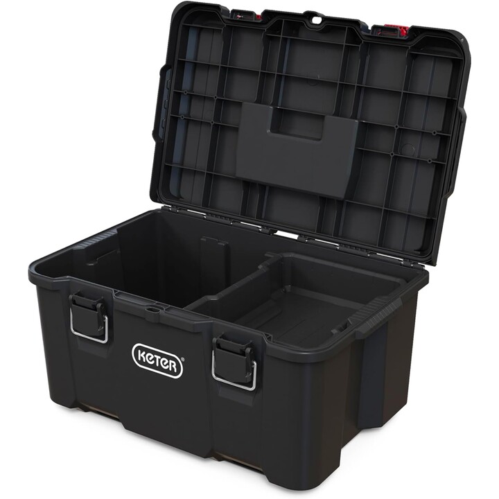 Keter Stack and Roll caja de almacenamiento de herramientas duradera con asa ergonómica para herramientas, Negro