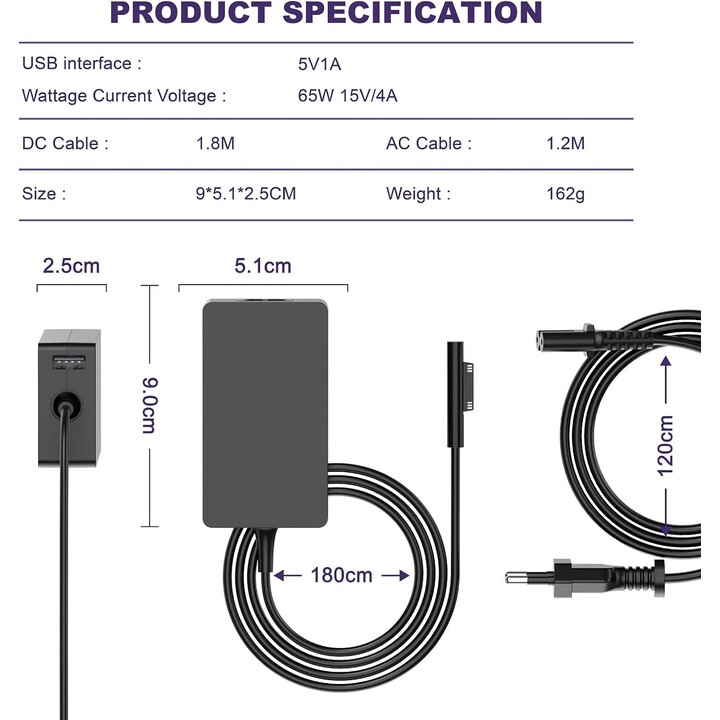 Fonte de alimentação para tablet Microsoft 65w Surface Pro 4