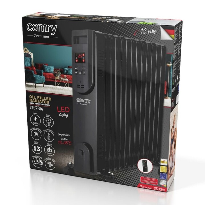 Calentador de aceite eléctrico con mando a distancia CAMRY CR 7814 13 aletas, 2500 W negro