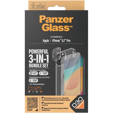 Ensemble PanzerGlass™ 3-en-1 pour iPhone 15 Pro Max (film de protection pour écran et appareil photo ultra-larges et étui rigide