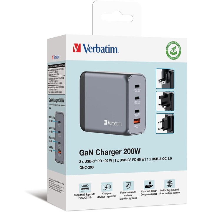 Carregador de parede universal Gan Verbatim GNC-200/ 3xUSB tipo C/ 1xUSB/ 200W