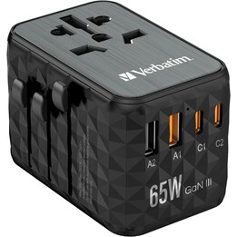 Caricatore da muro universale Verbatim UTA-05 GaN III/ Presa di corrente universale/ 2 porte USB tipo C/ 2 porte USB/ 65 W