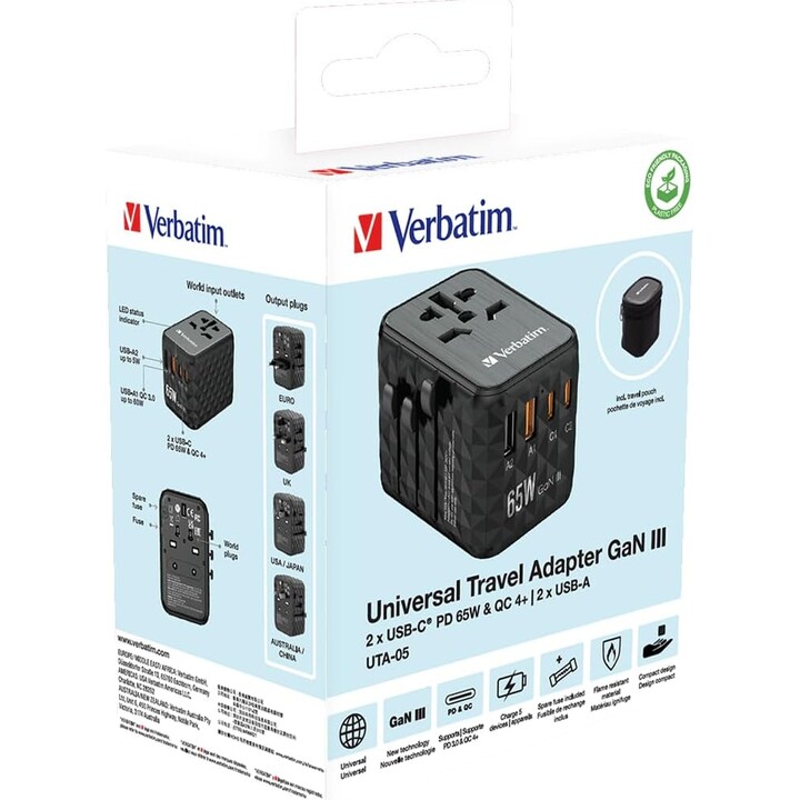 Cargador de Pared Universal Verbatim UTA-05 GaN III/ Toma de Corriente Universal/ 2xUSB Tipo-C/ 2xUSB/ 65W