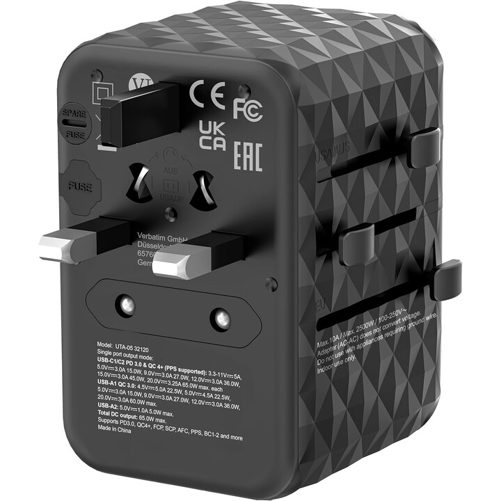 Verbatim UTA-05 GaN III Universal Wall Charger/ Universal Power Outlet/ 2xUSB Type-C/ 2xUSB/ 65W