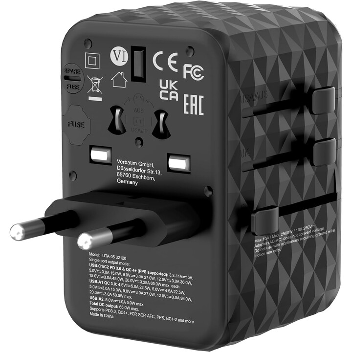 Verbatim UTA-05 GaN III Universal Wall Charger/ Universal Power Outlet/ 2xUSB Type-C/ 2xUSB/ 65W