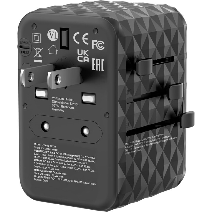 Cargador de Pared Universal Verbatim UTA-05 GaN III/ Toma de Corriente Universal/ 2xUSB Tipo-C/ 2xUSB/ 65W