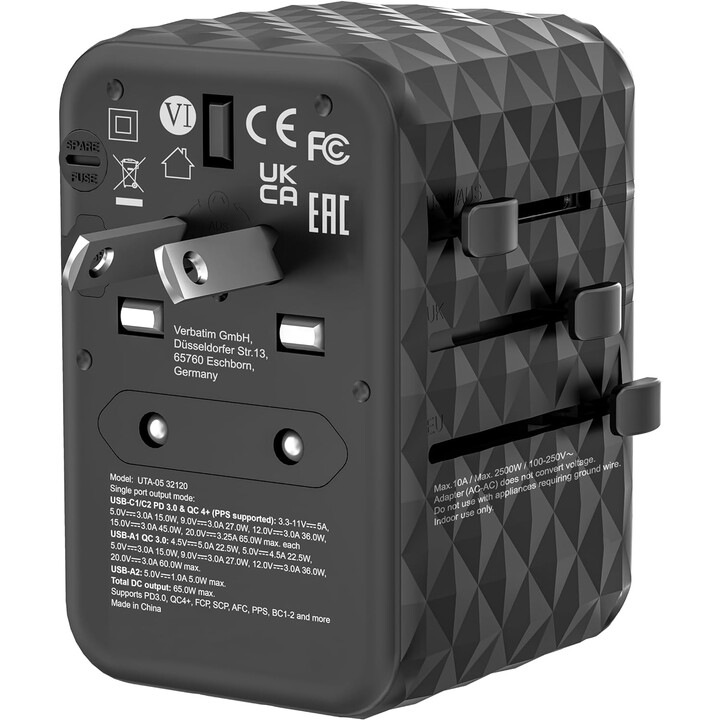 Cargador de Pared Universal Verbatim UTA-05 GaN III/ Toma de Corriente Universal/ 2xUSB Tipo-C/ 2xUSB/ 65W