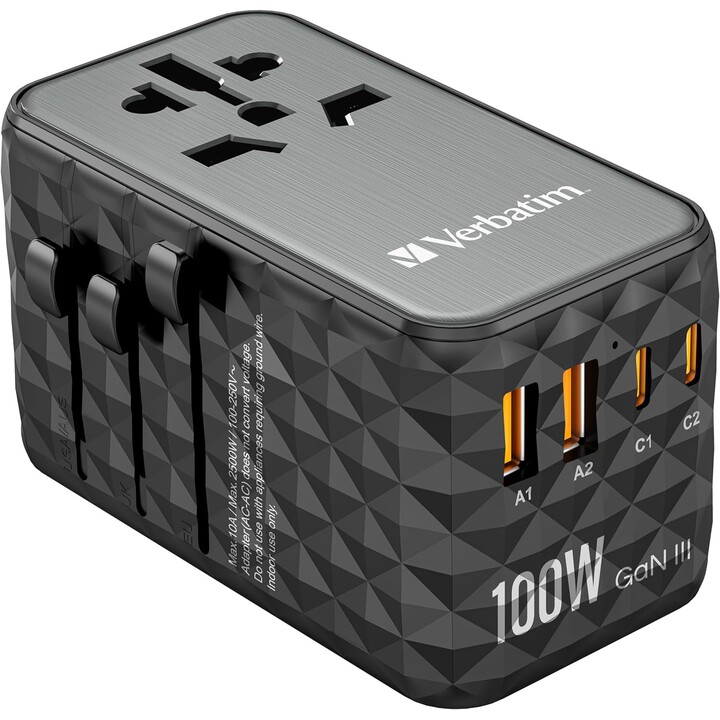 Cargador de Pared Universal Verbatim UTA-06 GaN III/ Toma de Corriente Universal/ 2xUSB Tipo-C/ 2xUSB/ 100W