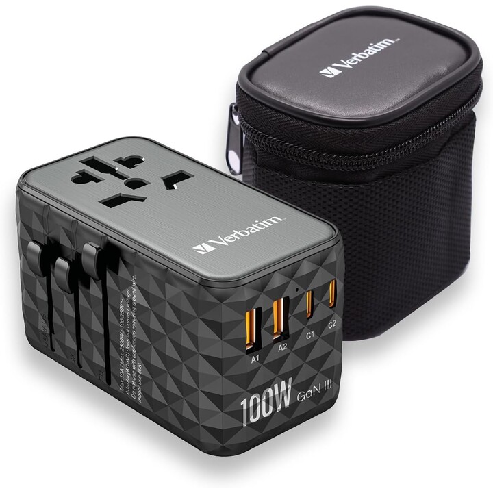 Cargador de Pared Universal Verbatim UTA-06 GaN III/ Toma de Corriente Universal/ 2xUSB Tipo-C/ 2xUSB/ 100W