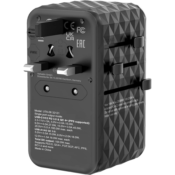 Cargador de Pared Universal Verbatim UTA-06 GaN III/ Toma de Corriente Universal/ 2xUSB Tipo-C/ 2xUSB/ 100W