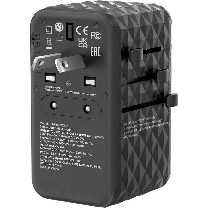 Cargador de Pared Universal Verbatim UTA-06 GaN III/ Toma de Corriente Universal/ 2xUSB Tipo-C/ 2xUSB/ 100W