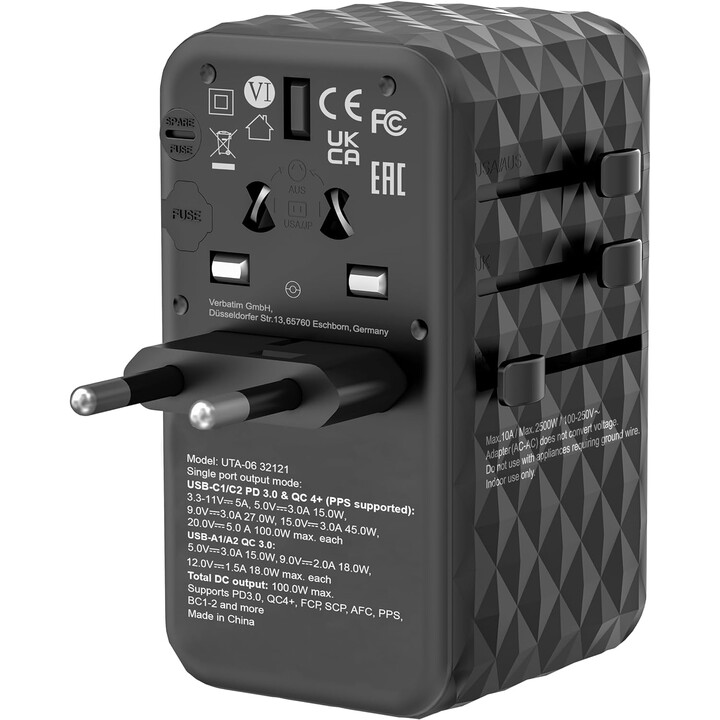 Cargador de Pared Universal Verbatim UTA-06 GaN III/ Toma de Corriente Universal/ 2xUSB Tipo-C/ 2xUSB/ 100W