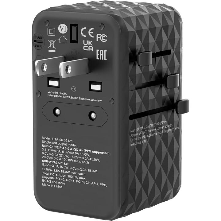 Cargador de Pared Universal Verbatim UTA-06 GaN III/ Toma de Corriente Universal/ 2xUSB Tipo-C/ 2xUSB/ 100W