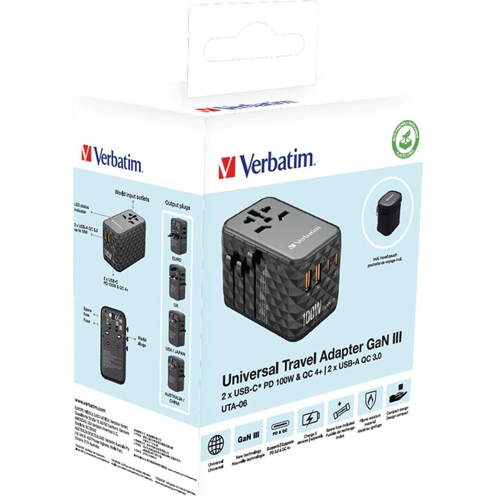 Cargador de Pared Universal Verbatim UTA-06 GaN III/ Toma de Corriente Universal/ 2xUSB Tipo-C/ 2xUSB/ 100W