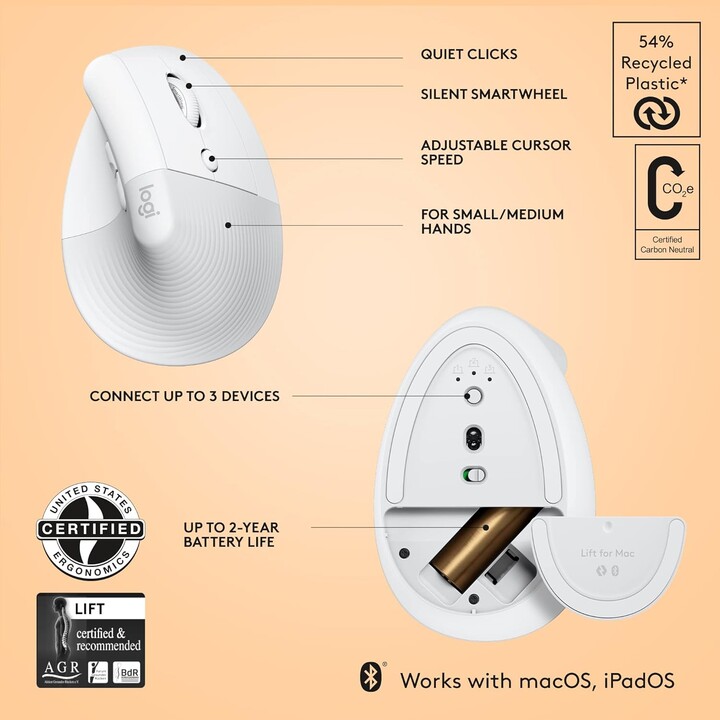 Mouse ergonomico verticale wireless Logitech Lift per Mac bianco