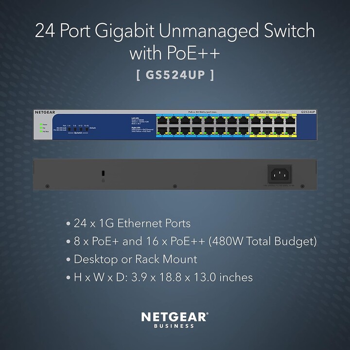 Netgear GS524UP-100EUS switch Gigabit non géré 24 ports PoE++ 480 W noir